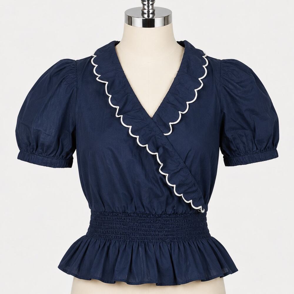 Ann Taylor Navy Ruffle Wrap Blouse Women's Size S Puff Sleeve Smocked Waist